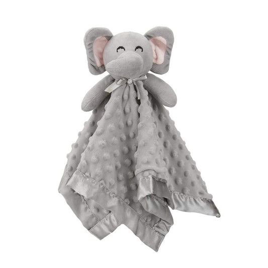 Plush stuffed elephant with two-layer blanket and satin underside