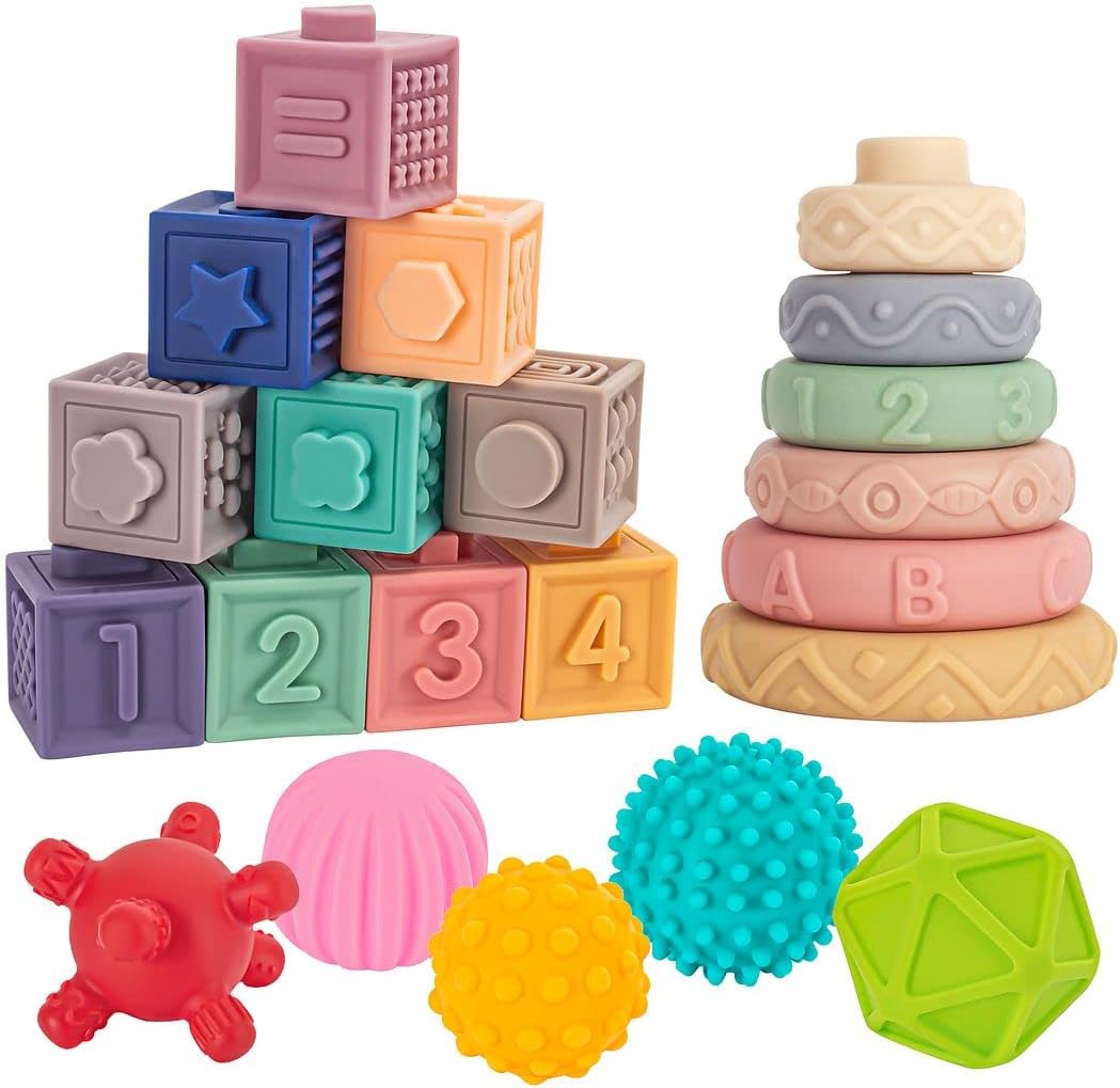 3-in-1 Montessori Toys 🧸 Soft Teething + Stacking Blocks 🏗️ Sensory Fun! 23 PCS for 0-18 Months