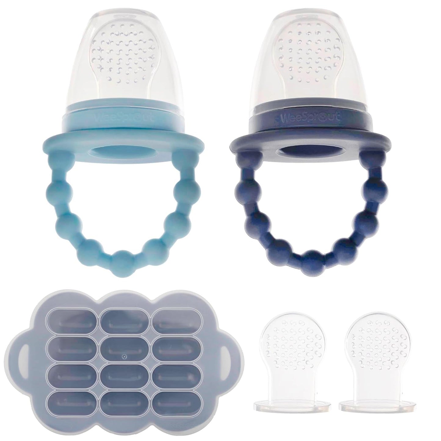 WeeSprout Baby Feeders: Set of 2 + Freezer Tray, Safe Food Introduction, Teething Toys, Bonus Pouches & Lids, Dishwasher Safe