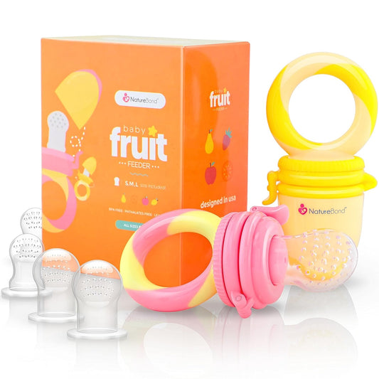 NatureBond Baby Food Feeder/Fruit Feeder Pacifier Nibbler (2 Pack) - Infant Teething Toy Teether Weaning in Appetizing Colors | + Additional Silicone Sacs