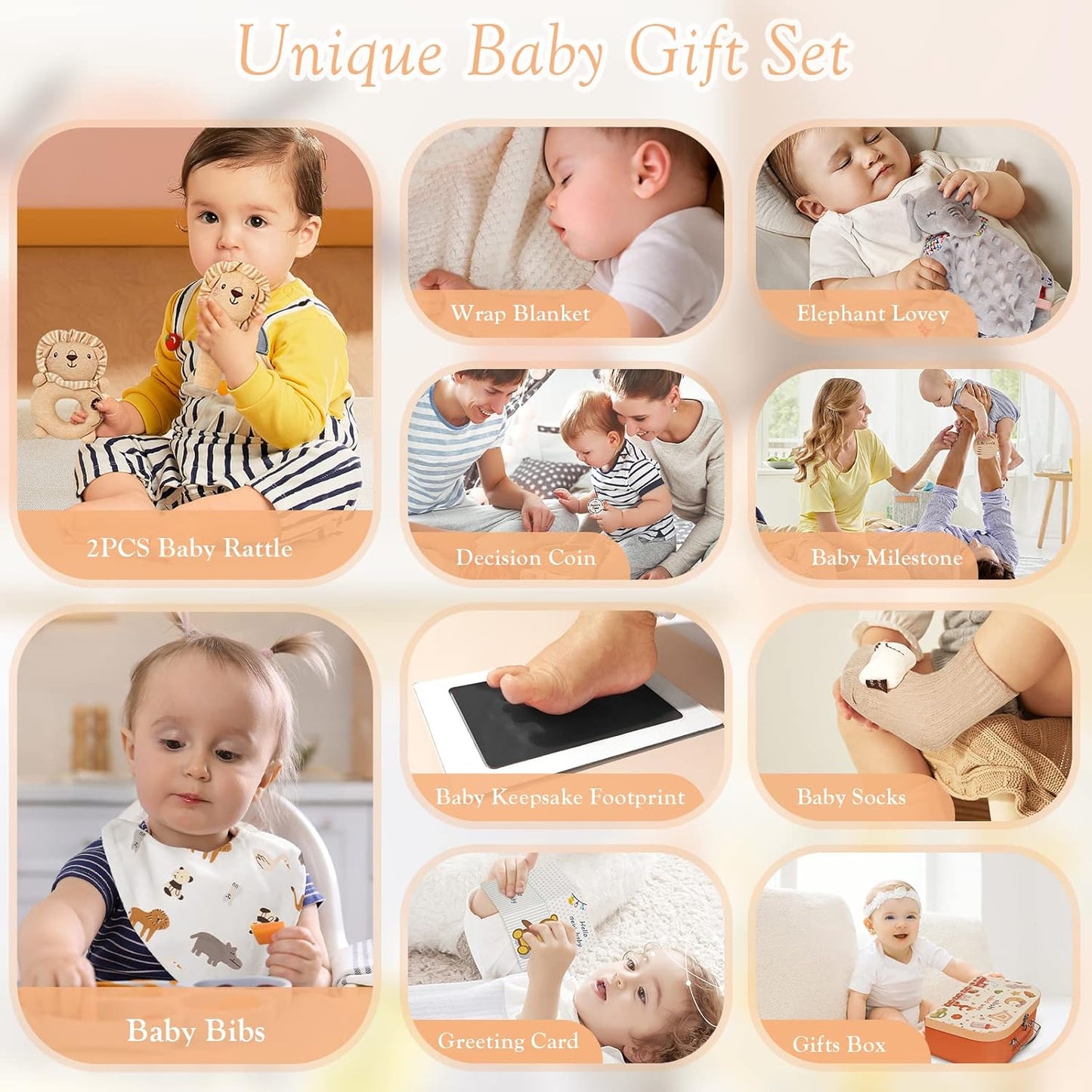 👶🎁 11PCS Newborn Gift Set: Baby Blanket, Rattle, Milestone Keepsake, Elephant Toy, Decision Coin & More! 🍼💖